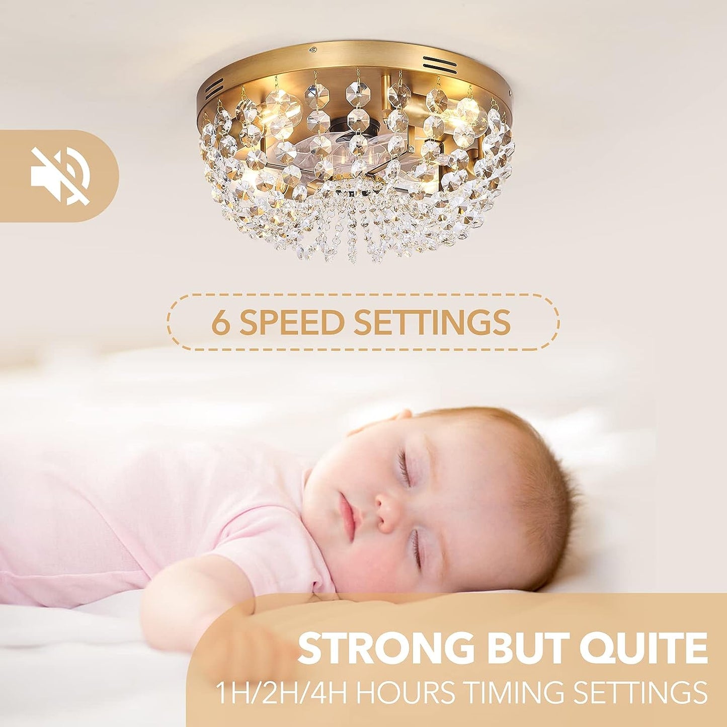 Ceiling Fan with Light Flush Mount Modern, Small Low Profile Boho Ceiling Fan with Light Remote Control, Crystal Caged Ceiling Fan with Smart Lighting /6 Speed/Timing for Bedroom Living Room（Gold）