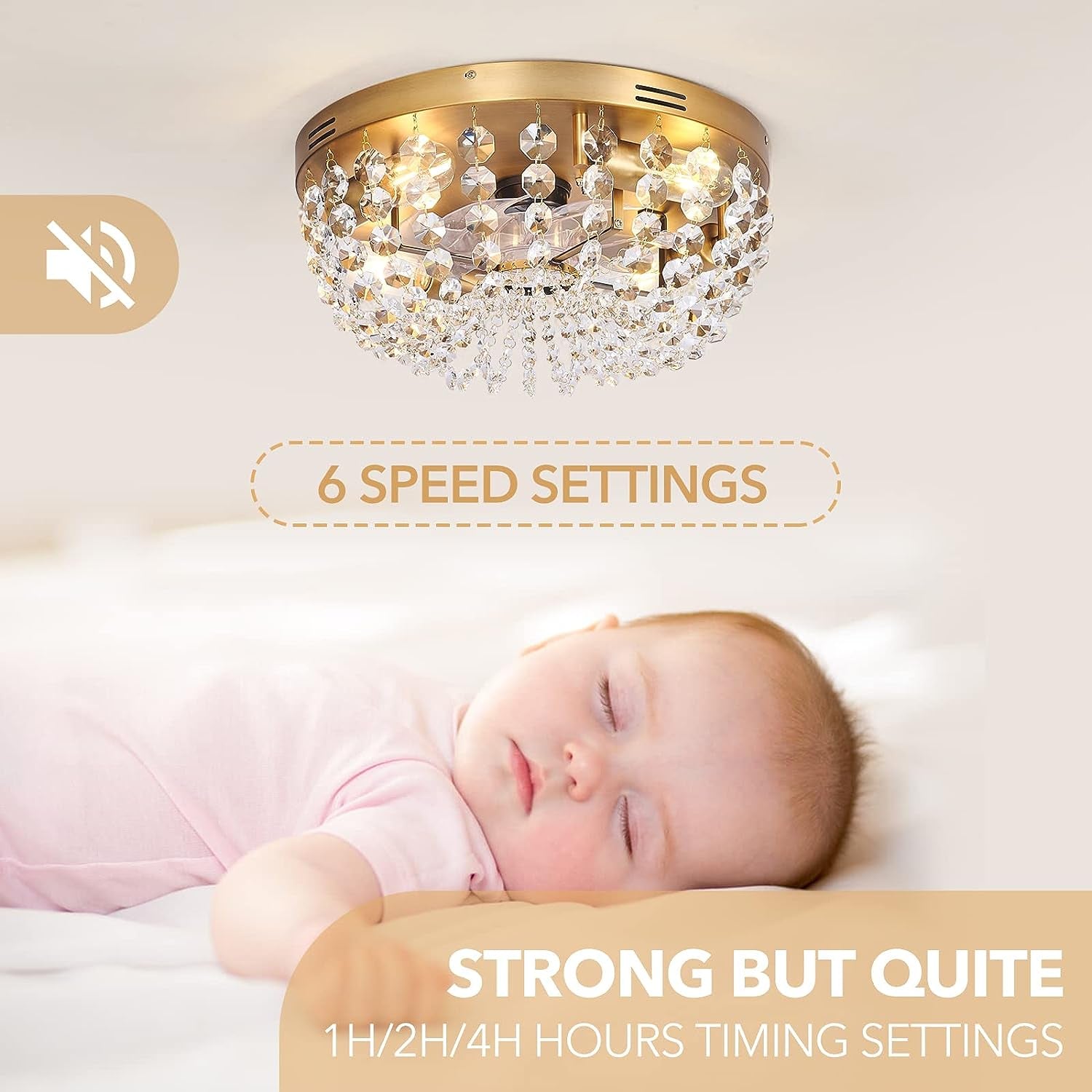 Ceiling Fan with Light Flush Mount Modern, Small Low Profile Boho Ceiling Fan with Light Remote Control, Crystal Caged Ceiling Fan with Smart Lighting /6 Speed/Timing for Bedroom Living Room（Gold）