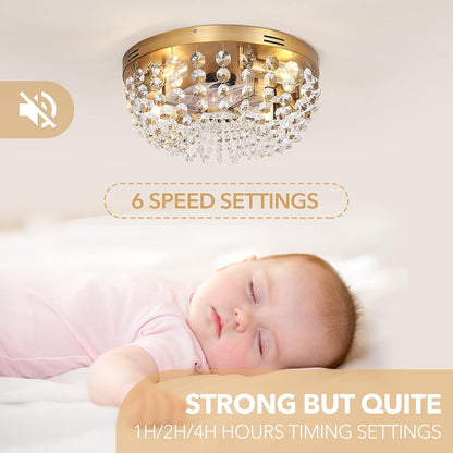 Ceiling Fan with Light Flush Mount Modern, Small Low Profile Boho Ceiling Fan with Light Remote Control, Crystal Caged Ceiling Fan with Smart Lighting /6 Speed/Timing for Bedroom Living Room（Gold）