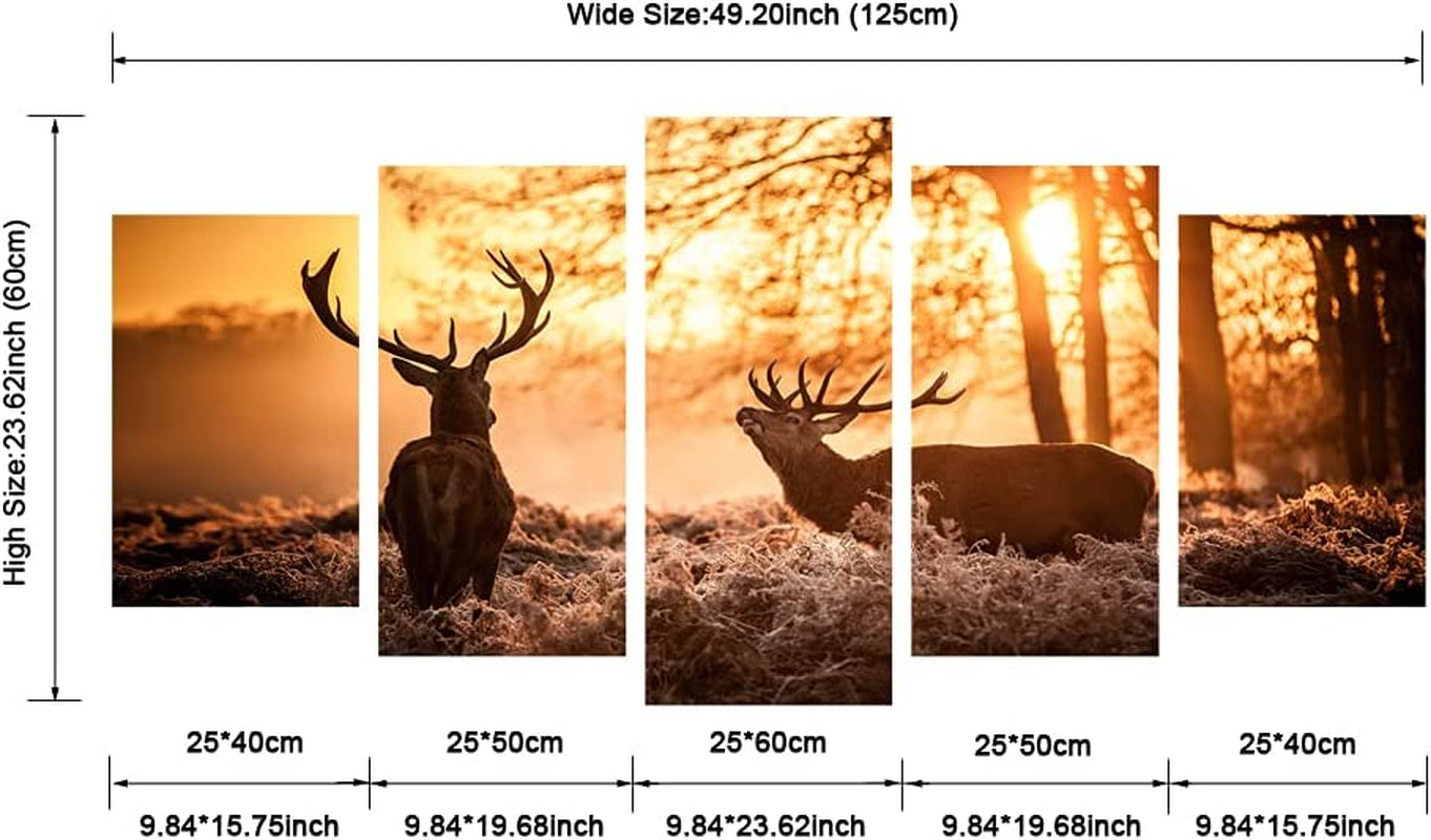 Brown Canvas Prints Wall Art Deer Elks in Autumn Sunset Forest Pictures Paintings for Living Room Bedroom Kitchen Home Decorations 5 Piece Modern Giclee Animal Scenery Landscape Artwork