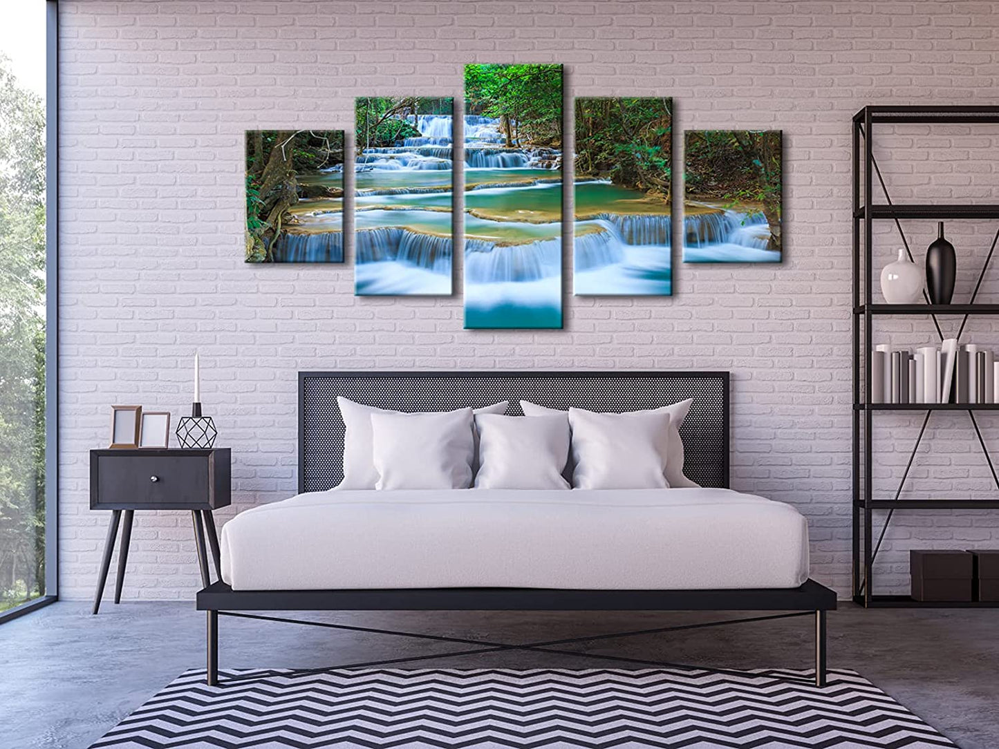 Peaceful Waterfall 5 Panels Large Canvas Paintings Wall Art Modern Gallery Wrapped Landscape Forest Giclee Canvas Print Artwork Photo Pictures for Living Room Bedroom Home Decorations L