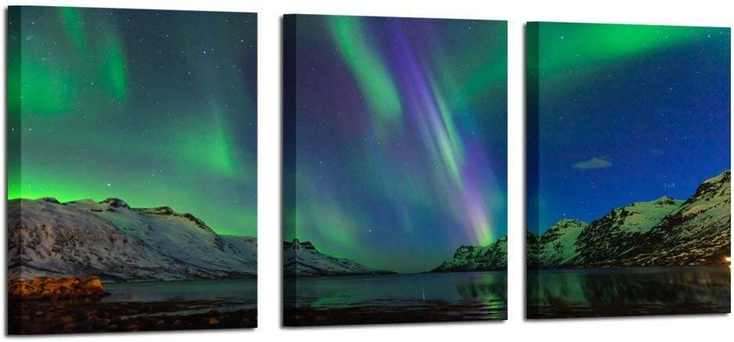 - Green Modern Aurora Borealis Iceland Landscape Northern Light Canvas Prints Picture Painting Framed Ready to Hang 12X16Inchx3Pcs