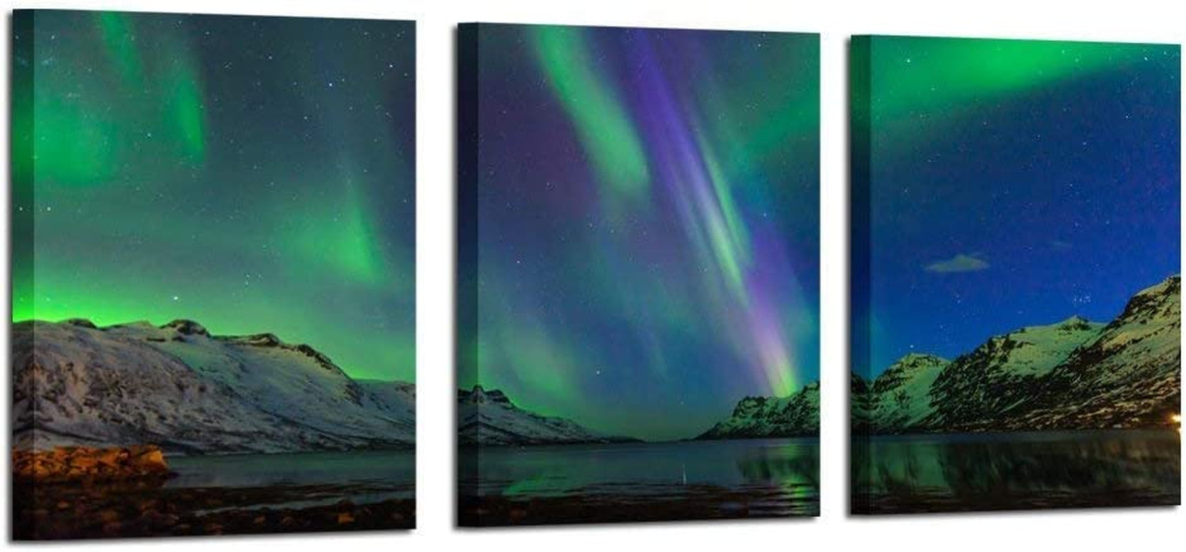 - Green Modern Aurora Borealis Iceland Landscape Northern Light Canvas Prints Picture Painting Framed Ready to Hang 12X16Inchx3Pcs