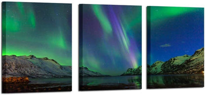 - Green Modern Aurora Borealis Iceland Landscape Northern Light Canvas Prints Picture Painting Framed Ready to Hang 12X16Inchx3Pcs