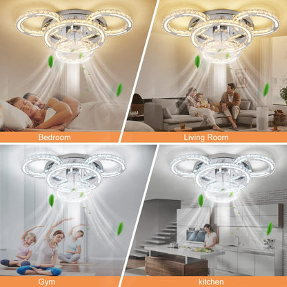 Chandelier Ceiling Fan with Lights，27.6" Flush Mount Celing Fan with 6-Speed LED Dimmable Crystal Ceiling Fan Invisible for Bedroom Living Room
