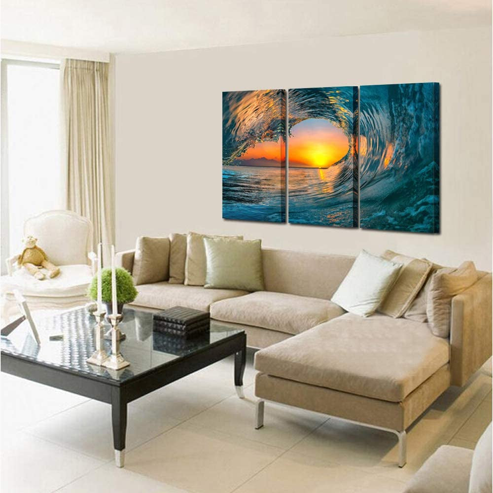Large 3 Pieces Canvas Prints Wall Art Sunset Sea Water Ocean Wave Pictures Paintings Modern Stretched and Framed Seascape Giclee Artwork Ready to Hang for Living Room Home Decorations